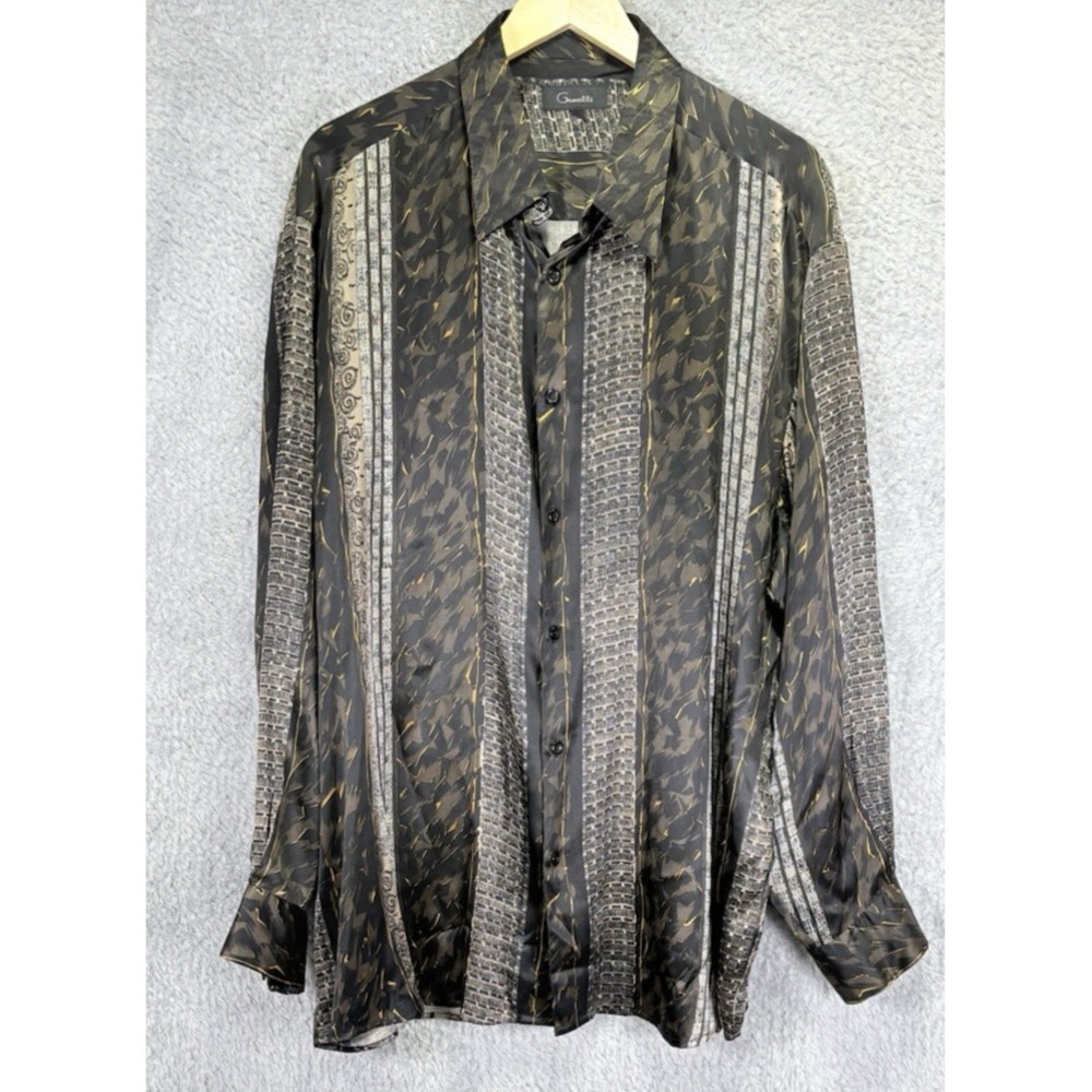 VTG Genelli Mens 2XL 100%‎ Silk Button up Long Sleeve Shirt Multicolor Abstract